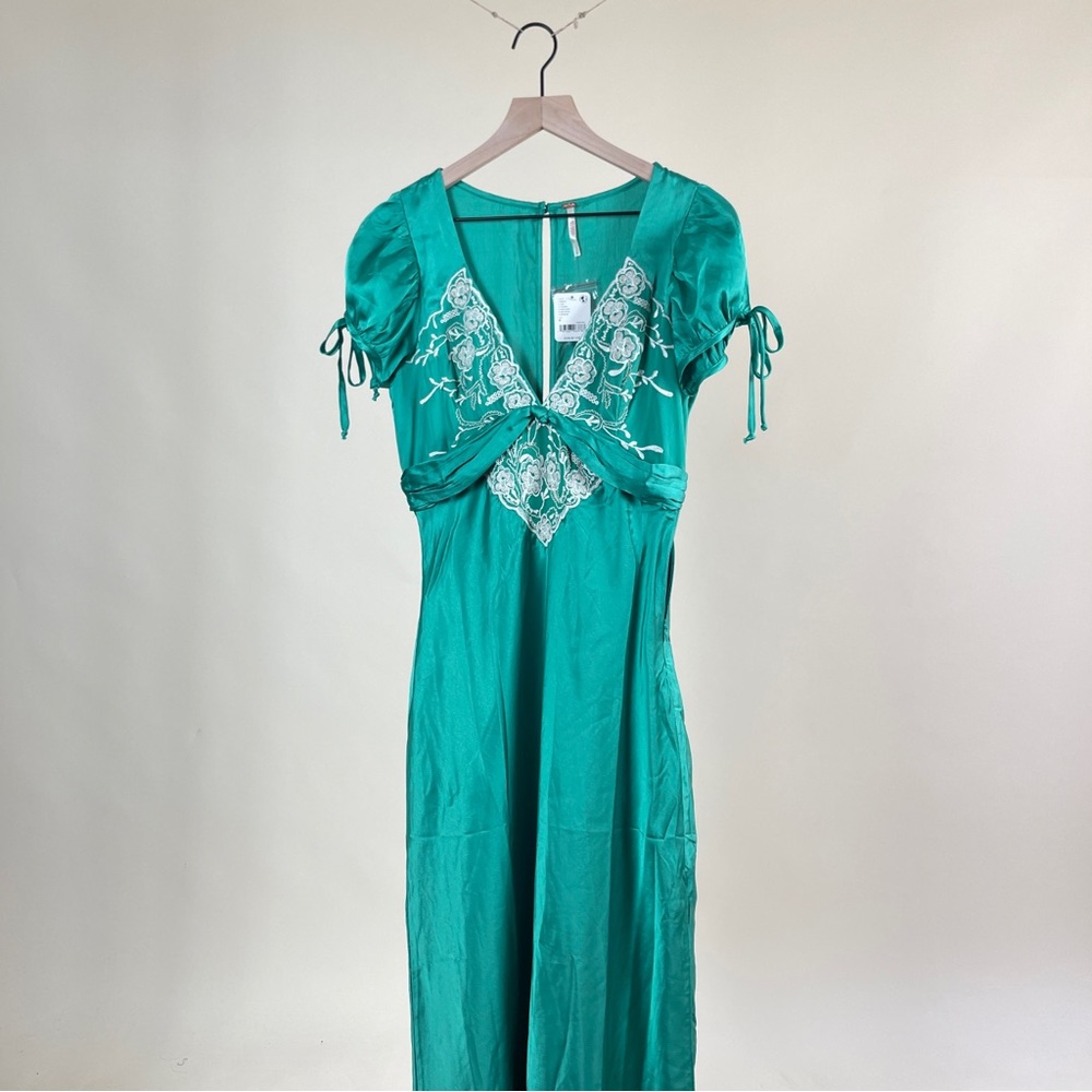 Free People Emerald Green Satin Maxi Dress with Embroidered Bodice - Picture 6 of 10
